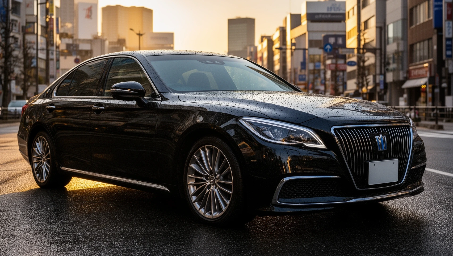 ピカピカに仕上がった黒塗りの車、東京の街並みを背景に